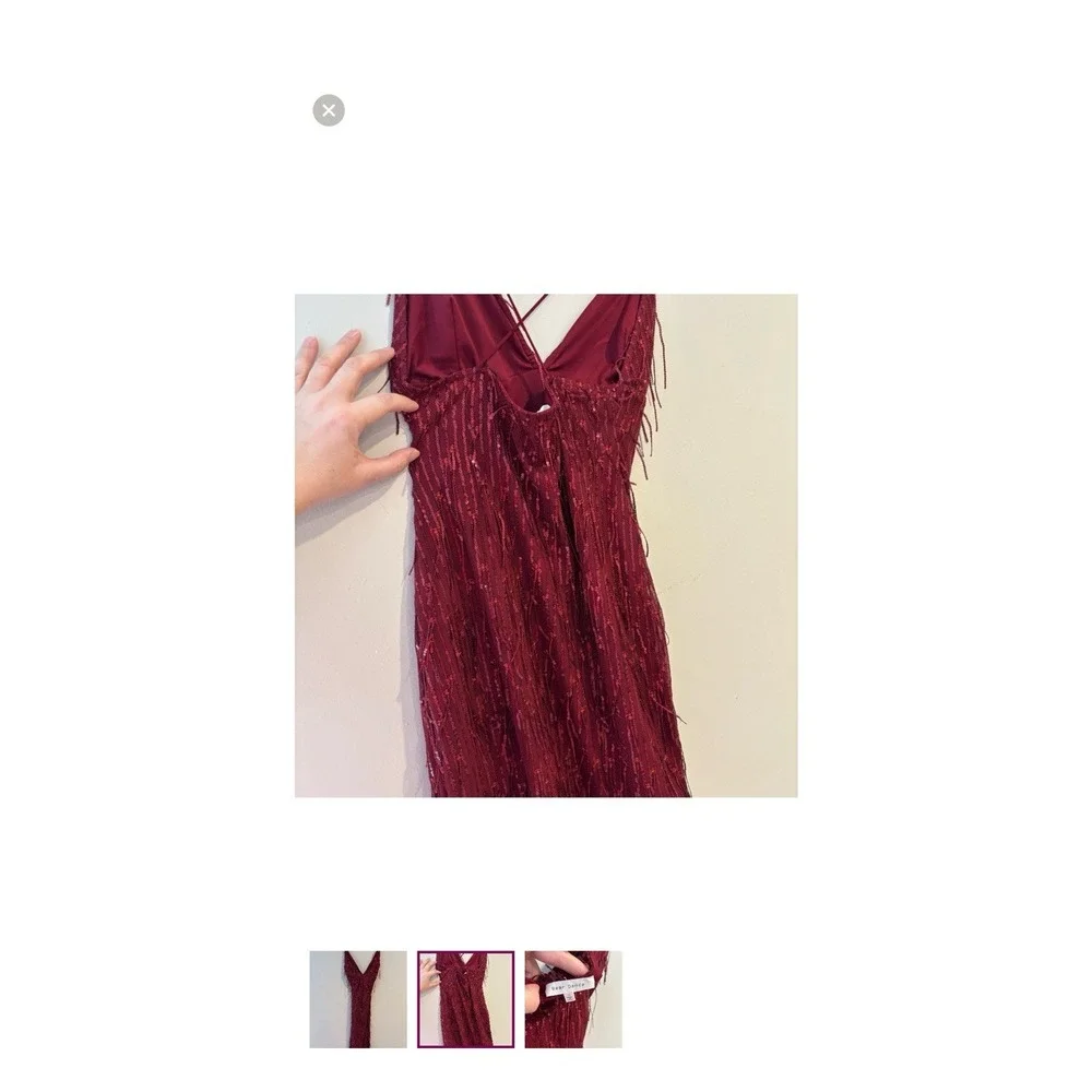 Bear dance Burgundy Sequin‎ Fringe Mini Dress - Size Small - Open Lace Up Back